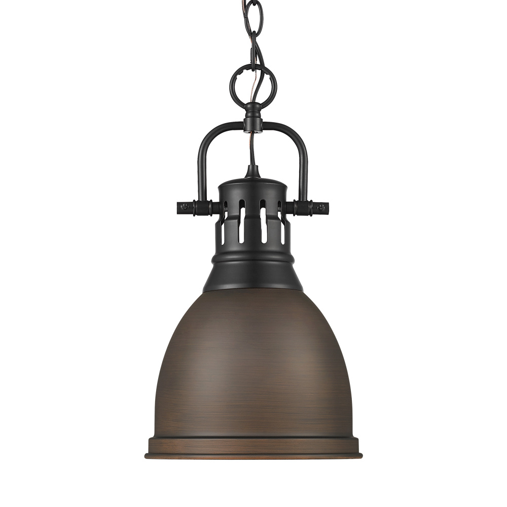 Yep by Golden Lighting Duncan 1-light 9in Chain Hung Pendant in Matte Black and Rubbed Bronze shade